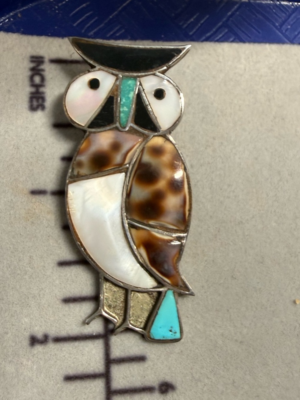Zuni Brooch Vintage Owl with Turquoise and Mother-of-Pearl inlay Rare size
